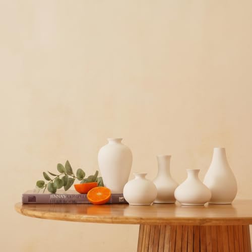 Image of PUREZENTO Ceramic White Japanese Ikebana Vase - Set of 5 | Modern Ceramic Unique Geometric Flower Vases | Vases for Home Decor, Living Room, Dining Table, Office, Shelf, Centerpiece & Showpiece