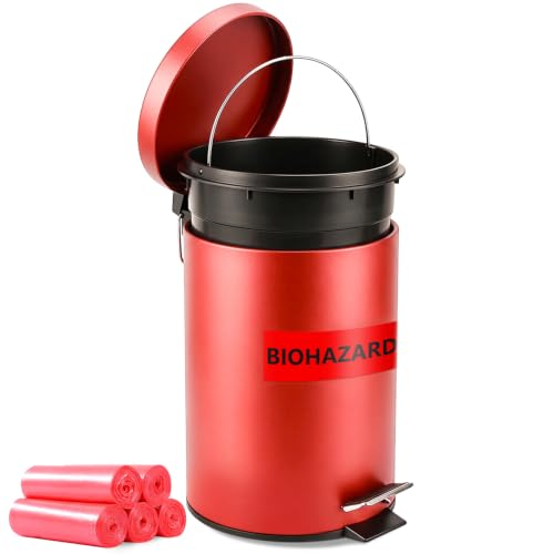 Image of Geiserailie 1 Set 1.32 Gallon Stainless Steel Biohazard Trash Can with 50 Hazardous Bags, Foot-Operated Self-Closing Lid & Biohazard Labels for Medical Hospitals Industrial Infectious Waste Disposal