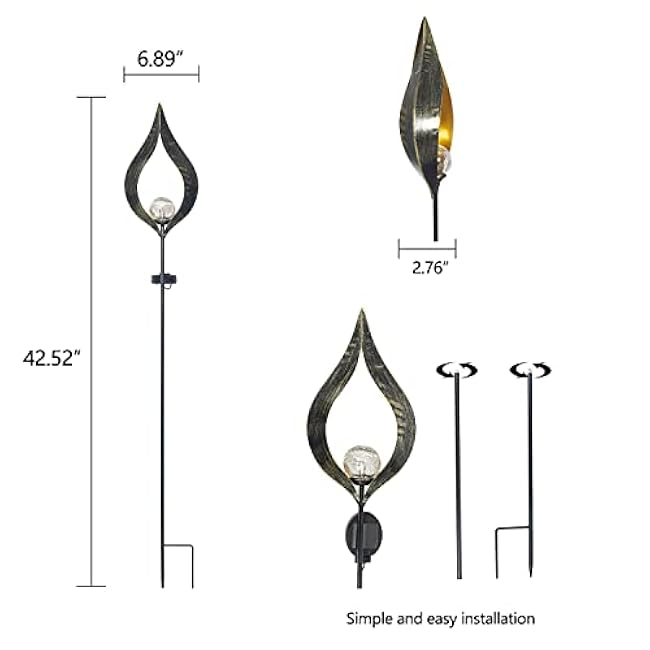 Adeco Solar Lights Outdoor Garden 42 inch Metal Crackle Glass Globe Stake Lights with Large Solar Panel Waterproof LED Lights for Ground Patio Lawn Pathway Courtyard