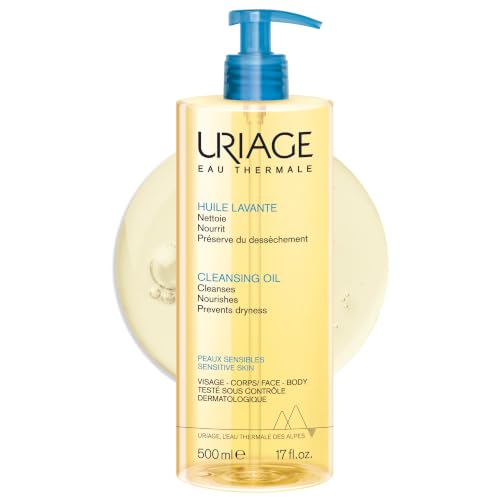 Uriage Shower Oil 500 mL - Face & Body Wash - Dry & Sensitive Skin - Cleanses Nourishes Prevents Dryness - 25% Glycerin & Extra-Rich Agents - Physiological pH - Soap-Free