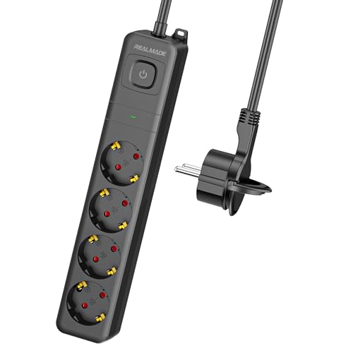 RealMade 4 Fach Steckdosenleiste Überspannungsschutz 1060J, 3M Flachstecker Mehrfachsteckdose, 3680W Verteilersteckdose mit Kindersicherung und Wandmontage Schwarz