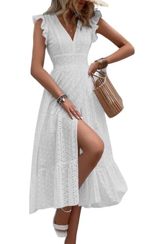 Image of chouyatou Women's Summer Flutter Sleeve Embroidery Eyelet Lace Dress V-Neck A-Line Beach Sun Dress