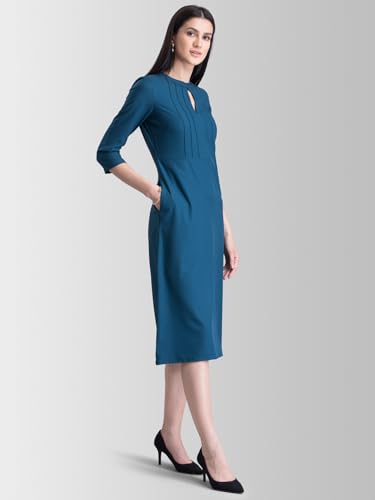 Image of FableStreet Women's Polyester Stylised Neck Pintuck Midi Dress