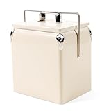 Dazefree Retro Cooler 14 Quart - Portable Metal Vintage Ice Chest with Bottle Opener, Waterproof Stainless Steel Cooler, Outdoor Ice Bucket for Camping, Beach, BBQ, Tailgating & Fishing (Beige)