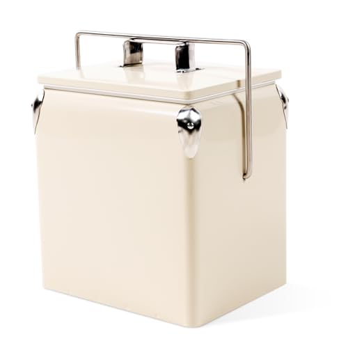 Dazefree Retro Cooler 14 Quart - Portable Metal Vintage Ice Chest with Bottle Opener, Waterproof Stainless Steel Cooler, Outdoor Ice Bucket for Camping, Beach, BBQ, Tailgating & Fishing (Beige)