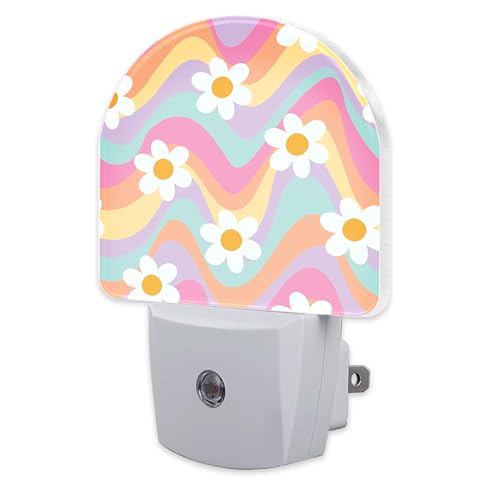 sndheke Groovy Hippie Daisies Flowers Night Light for Kids,Retro Rainbow Wavy Floral Night Light Plug in with Dusk to Dawn Sensor,0.5w Energy Saving Nightlight for Hallway Stairway Kitchen Bedroom