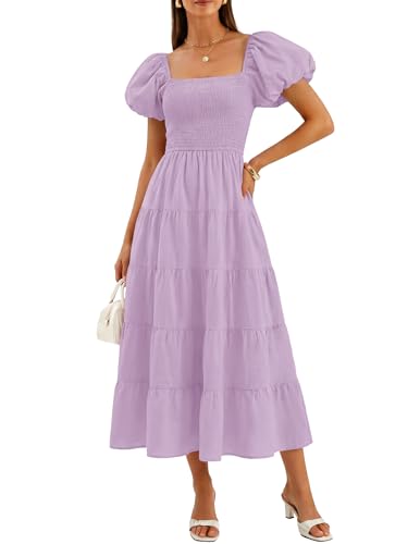 Image of ZESICA Women's 2026 Summer Puff Sleeve Midi Dress 2026 Boho Solid High Waist Flowy Beach Wedding Guest Long Dresses