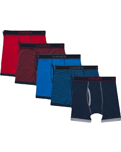 Hanes Boys' Big Boxer Briefs, Moisture-Wicking Cotton Stretch Underwear, 5-Pack, Assorted Solid And Stripe, Medium