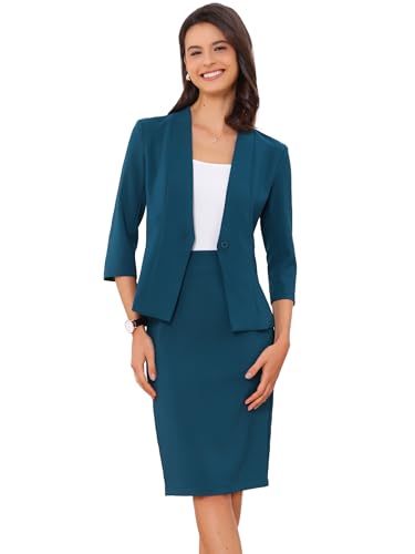 Blazer sans col et jupe crayon Allegra K ensemble tailleur bleu lac pour femme L