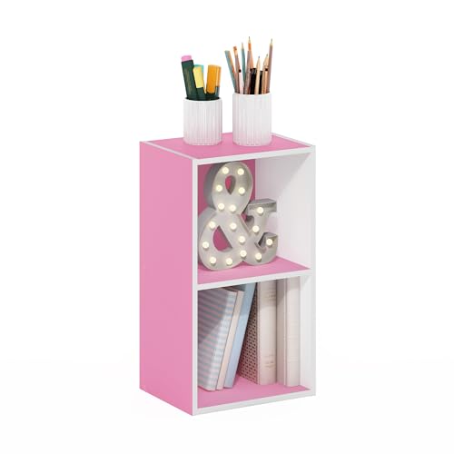 Image of Furinno PASIR Book Shelf, 2-Tier Modern Bookshelf, Open Shelves Bookcase 9 x 12 x 21, Easy Assembly, for Living Room, Bedroom, Home Office, Pink /White
