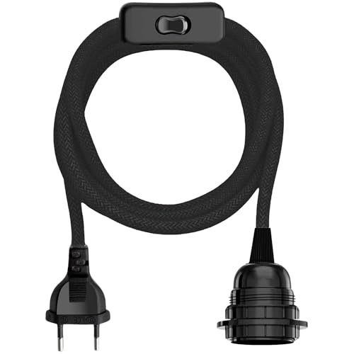 Portalámpara E27 con Interruptor, Adaptador de lámpara E27, Base para Bombilla, Enchufe + Interruptor ON/Off, Cable 2 Metros, Casquillo e27, Diseño Vintage, máx. 60W, Trenzado (Negro)