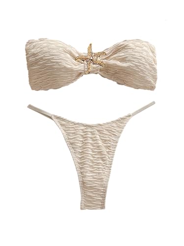 Image of GORGLITTER Women's 3 Piece Bandeau Swimsuits High Cut Cheeky Textured Strapless Starfish Decor Bikini Set with Coverup Skirt Apricot Small