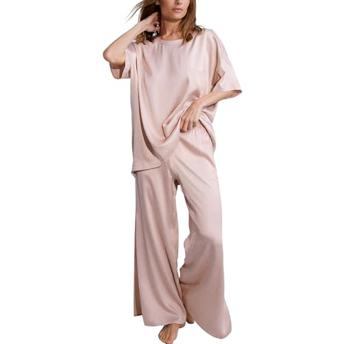 Image of Lunya Washable Silk Tee Pant Set for Women - Oversized Top with Pocket and Pull On Pants