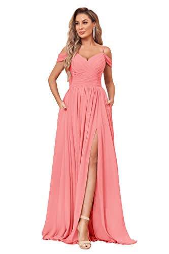 Image of BOLENSYE Off the Shoulder Bridesmaid Dresses with Pockets Ruched Chiffon Long Slit Formal Evening Gown