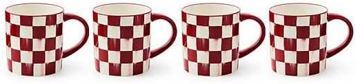 MACKENZIE-CHILDS Set of 4 Stoneware Mugs, Cute Tea and Coffee Mugs, 11 Ounces, Red-and-White Cherry Check