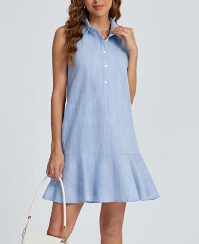 Image of Women Sleeveless Mini Dress Button Down Shirt Dress V Neck Reffle Hem Cotton Linen Tunic Short Dress
