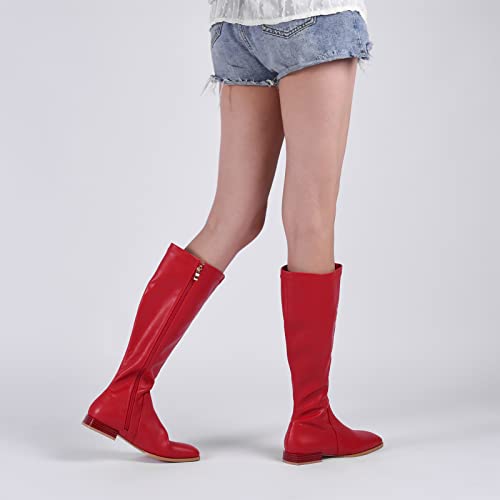 Genshuo Knee High Boots For Women Comfy Flat Heel Vintage Square Toe Fall Winter Solid Side Zipper Costume Knight Booties #TOP6