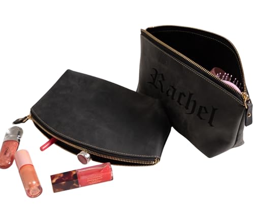 Luxury Personalized Leather Makeup Bags Crafted in USA, Full-Grain Leather Cosmetic Bag Engraved Name Initials or Logo, Birthday Anniversary Christmas Gift or Mother Gift, Italian Zipper, Make-up Purse for Women3