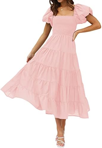 ZESICA Women's 2026 Summer Square Neck Short Puff Sleeve Solid Co...