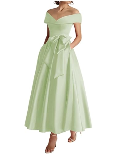 Satin Off Shoulder Mother of The Bride Dress with Bow A-Line Formal Party Dresses for Wedding