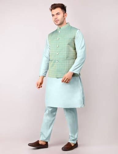 Image of Men's Cotton Silk Blend Regular Kurta Pyjama, Embroidered Nehru Jacket /Waistcoat Set
