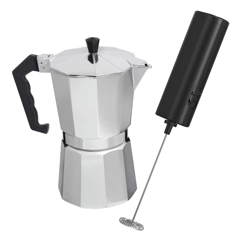 Pack Cafetera Italiana y Espumador De Leche (6 CUPS) Cafetera Italiana-Cafetera Moka de Aluminio para Cocina Vitroceramica, Electrica, Gas-Inlcuye Batidora Eléctrica de Mano en Acero Inoxidable
