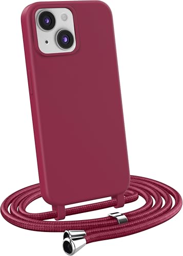 MyGadget Coque Cordon pour iPhone 14 - Cover Bumper Silicone Mat Uni avec Collier - Case Tour de Cou - Protection Anti Choc - Skin & Lanière Bordeaux