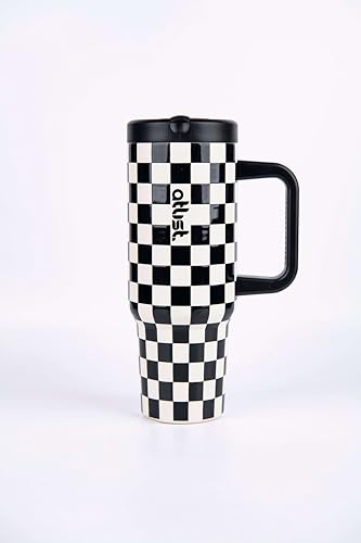 ProTour 100% Leakproof 40 oz Tumbler with Handle & 4-in-1 SipSwig Lid | Built-In Flip Straw & External Stainless Steel Straw | Insulated Stainless Steel Cup | BPA-Free | White & Black Checkered