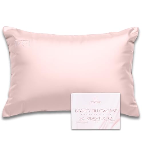 Image of 100% Mulberry Silk Pillowcase Infused with Silver Ions - Pure 30 Momme Grade 6A Fibers for Beautiful Skin and Hair - Cooling Pillow Case Protector with Zipper (Standard) Pink Color