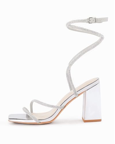 Coutgo Womens Lace Up Chunky Heels Rhinestone Sandals Square Open Toe High Block Heeled Wedding Dress Shoes2