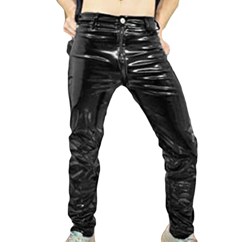 Men Faux Leather Zipper Crotch Pants Shiny Skinny Long Trousers Clubwear Slim Fit PU Leather Metallic Suit Pant