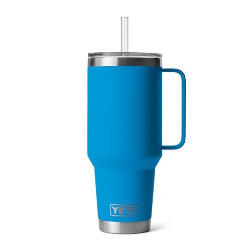 Image of YETI Rambler 42 oz Tumbler with Handle and Straw Lid, Travel Mug Water Tumbler, Vacuum Insulated Cup with Handle, Stainless Steel, Big Wave Blue