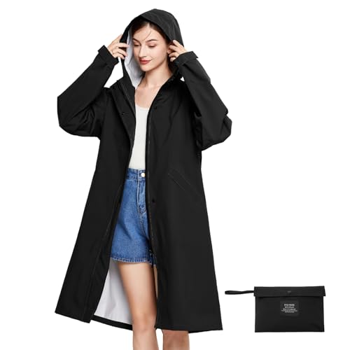 Consejos para Comprar Impermeable Gabardina del mes. 46 LAMA Chubasquero largo, Chaqueta Impermeable con Cpucha, Cortavientos Ligero, Impermeable Plegable con Bolsillo y Cremallera(M, Negro)