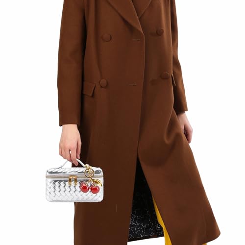 Image of Small Woven Box Crossbody Bags for Women Designer Leather Mini Top Handle Clutch Purse Square Vanity Bag with Cherry Charm