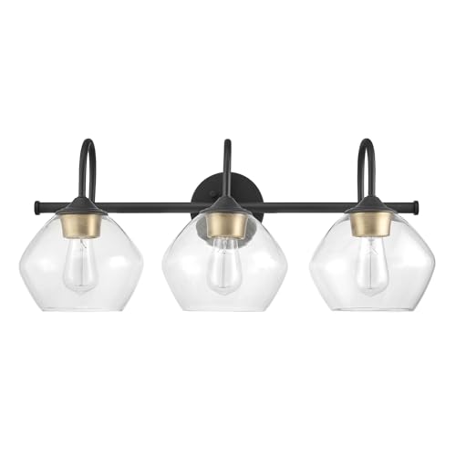 Image of Globe Electric 51853 3-Light Vanity Light, Dark Bronze, Antique Brass Accents, Clear Glass Shade, Beauty Room Accessories, Bathroom Lights Over Mirror, Makeup Mirror Lights, Bulb Not Included
