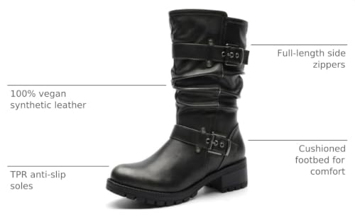 Image of GLOBALWIN Chunky Mid Calf Fashion Dressy Motocycle Biker Military Style Combat Boots for Women Low Heel