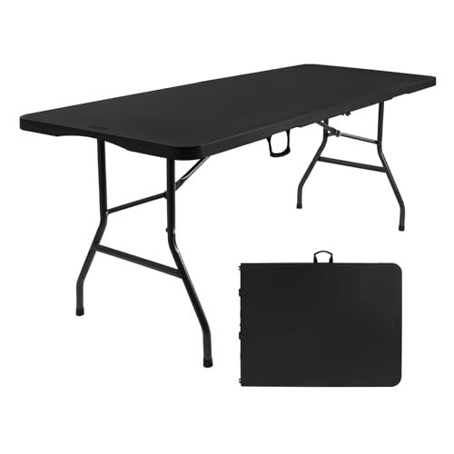 Image of Byliable Folding Table 6ft, Heavy Duty Portable Plastic Fold-in-Half Utility Table with Carrying Handle for Indoor Outdoor, Camping Picnic Party, Black