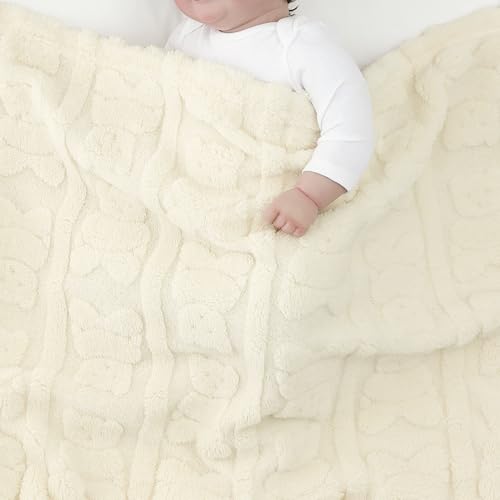 Image of CREVENT 30 inchX40 inch Cozy Soft Warm Sherpa Baby Blanket for Girls Boys, Newborn Essentials for Infant, Baby Shower Receiving Gift - Ivory Bear 75X100cm + Gift Bag with Ribbon