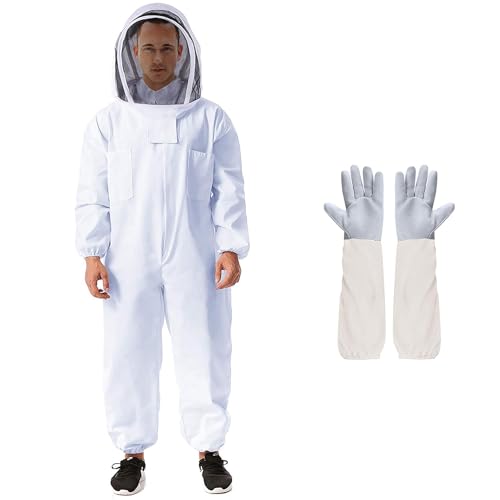 Jolitac Imkeranzug Imkerei Anzug Ganzkörper Schutzanzug Schutzbekleidung mit Schleier, Kapuze, Handschuhe, Mütze, Schutz für Imker Weiß Unisex (XL)