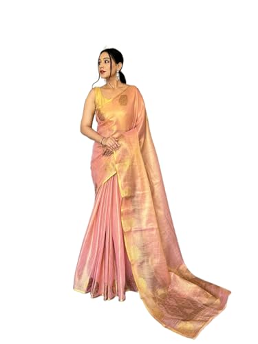 Image of SWORNOF Gold-Toned Woven Design Silk Zari Tissue Saree | Saree for Women | Soft and Skin Friendly