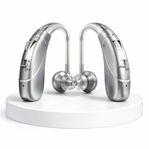 Image of Rechargeable Digital BTE Hearing Aid for Old Age with Type-C Charging for Severe to Profound Hearing Loss - Volume Control | Noise Reduction | Comfort Fit for Adults & Seniors (6 Month Warranty) (Silver, For Both Ear)