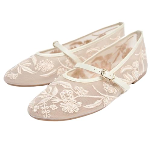 YIYA Women's White Floral Embroidered Mesh Ballet Flats with Pearl Studded Round Toe Ballerina Buckle Strap Comfortable Mary Jane Dress Shoes