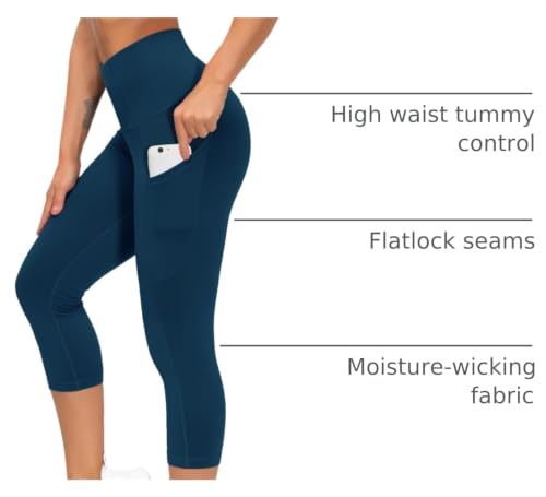 Image of THE GYM PEOPLE Thick High Waist Capris Yoga Pants with Pockets, Tummy Control Workout Running Yoga Leggings for Women