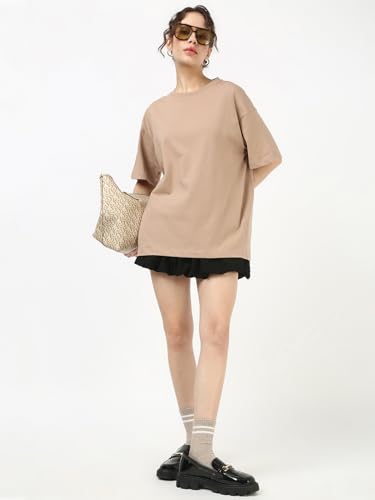 Image of Bewakoof Women's Solid Oversized Fit Half Sleeve Round Neck Cotton Jersey T-Shirt