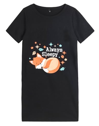 Hupohoi Big Girls' Summer Short Sleeve Nightgown Cute Sleepy Fox and Star Moon Patterns Sleepshirt 2PCS Nighty Sleep Dress, Sleepy Fox, 12(US 8-11 Years)