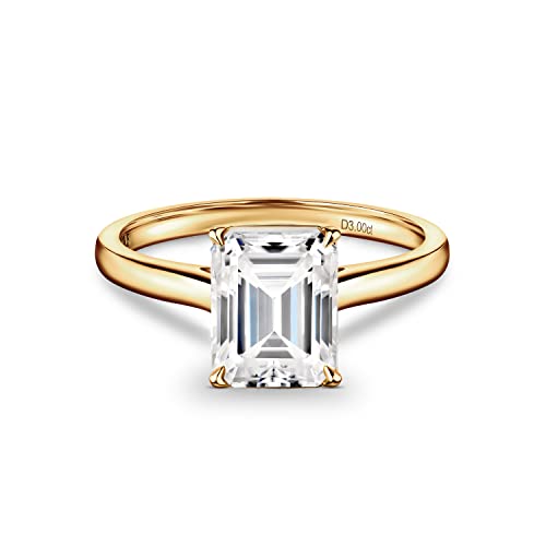 ISAAC WOLF Certified 10k Gold 3 Carat Ring Emerald Cut Moissanite Rings For Women Solitaire Wedding