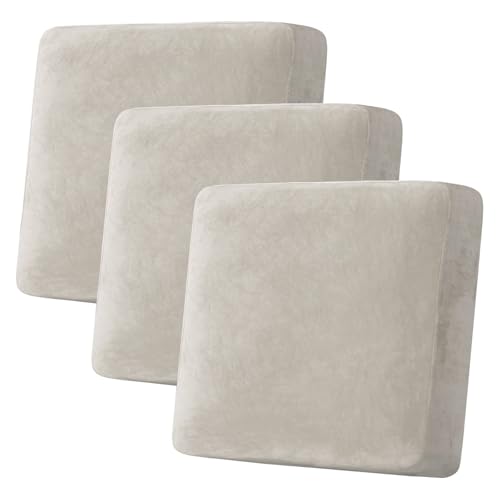 H.VERSAILTEX Velvet Stretch Couch Cushion Cover Plush Cushion Slipcover for Chair Loveseat Sofa Cushion Furniture Protector Seat Cushion Sofa Cover (3 Piece XL Sofa Cushion Covers, Oatmeal)