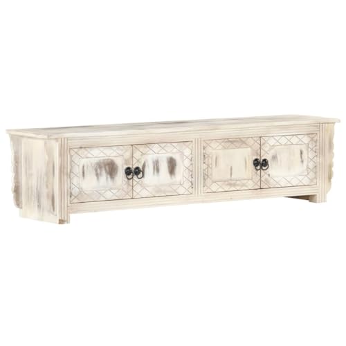zylophax Meuble TV blanc en bois massif de manguier 140 x 30 x 35 cm avec 4 portes, laqué rustique, meuble TV bas moderne, étroit, avec espace de rangement...