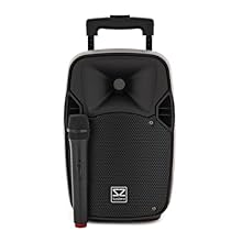 Battery-powered 8" PA with wireless mic Rechargeable battery provides up to 5 hours play time Trolley-style PA featuring wheels for easy transport Includes media player with USB, SD card and Bluetooth support