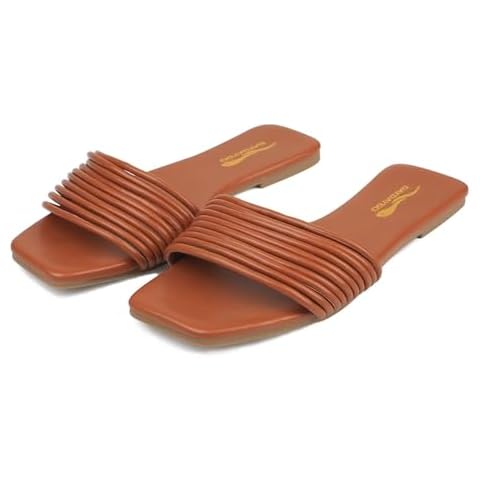 Women's Slide Sandals - Comfy Slip-On Design with Sleek Straps for Casual Elegance - Fashionable and Trendy Summer Tan Sandal Shoes for Girls and Women - Strappy Chic Flat Slides Size 8 - Brown Cover